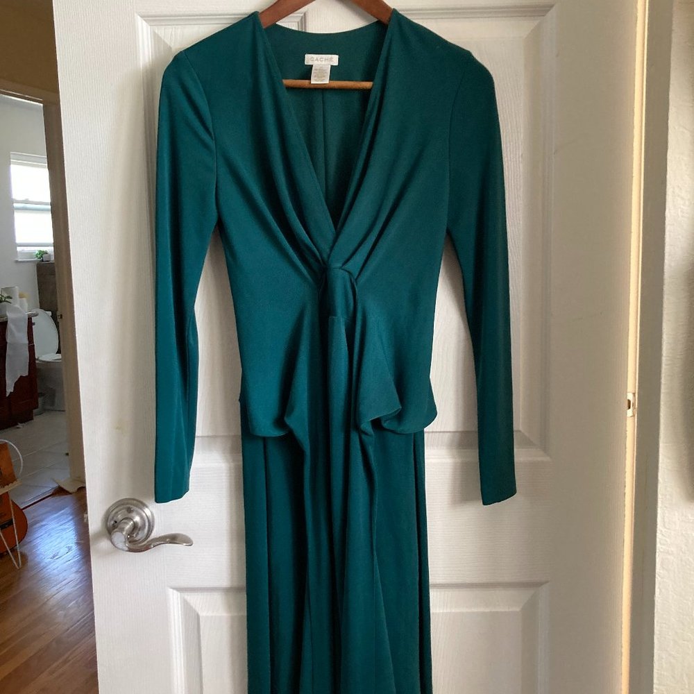 Cache Faux Wrap V Neck Emerald Green Dress